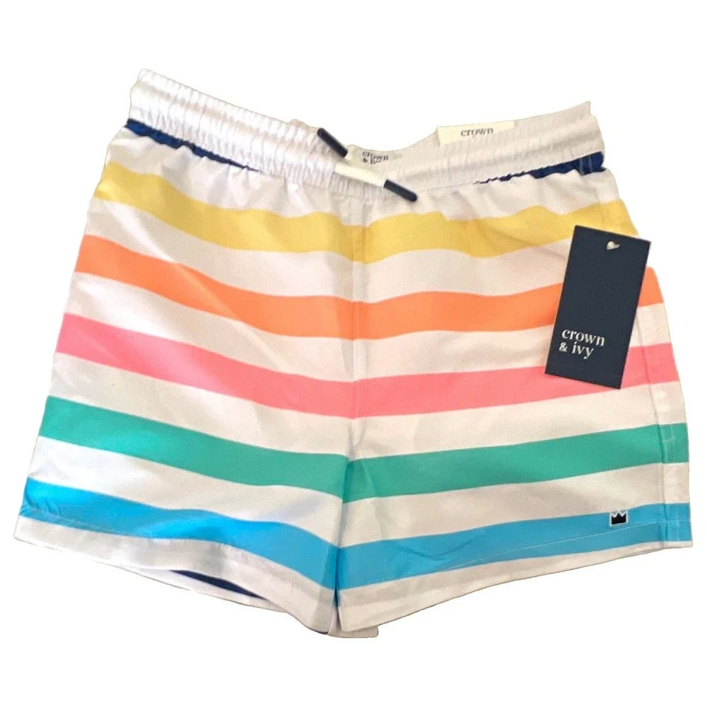 Crown & Ivy Kids Boys S Multicolor Striped Swim Shorts Drawstring Lined